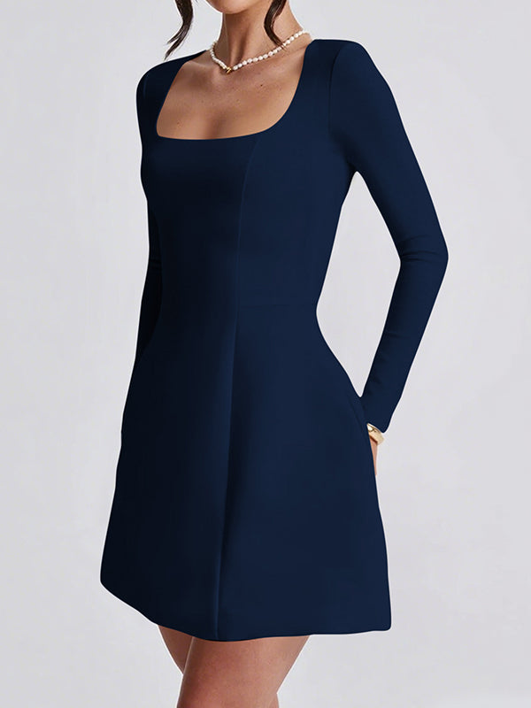 Solid Color Zipper A-Line Bodycon Square-Neck Mini Dresses