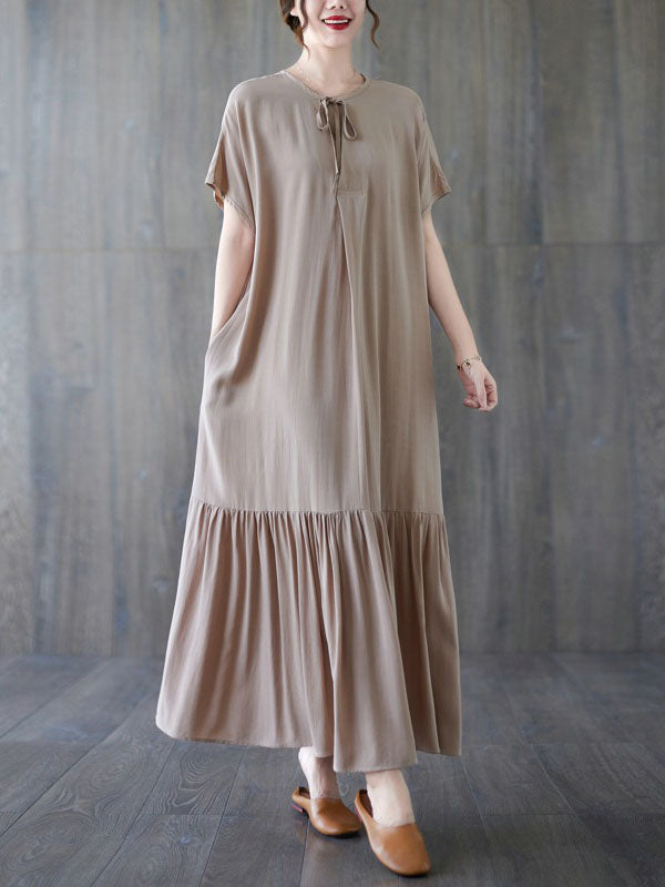 Lace-Up Pleated Solid Color Split-Joint Loose Short Sleeves Round-Neck Midi Dresses