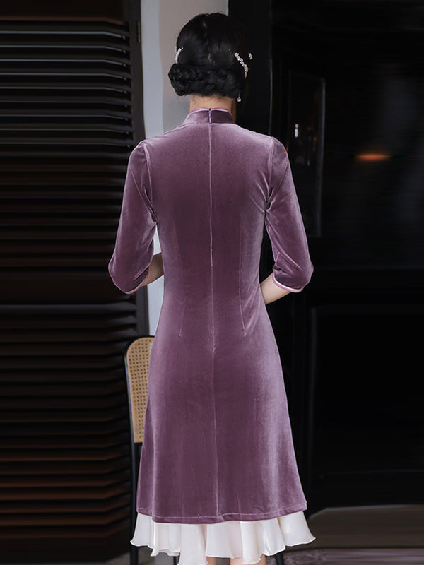 Vintage Beaded False Two Half Sleeves Long Cheongsams