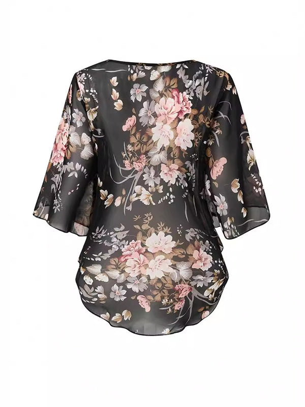 Flower Print See-Through Batwing Sleeves Half Sleeves Round-Neck Cover-Ups Tops Blouses&Shirts Tops