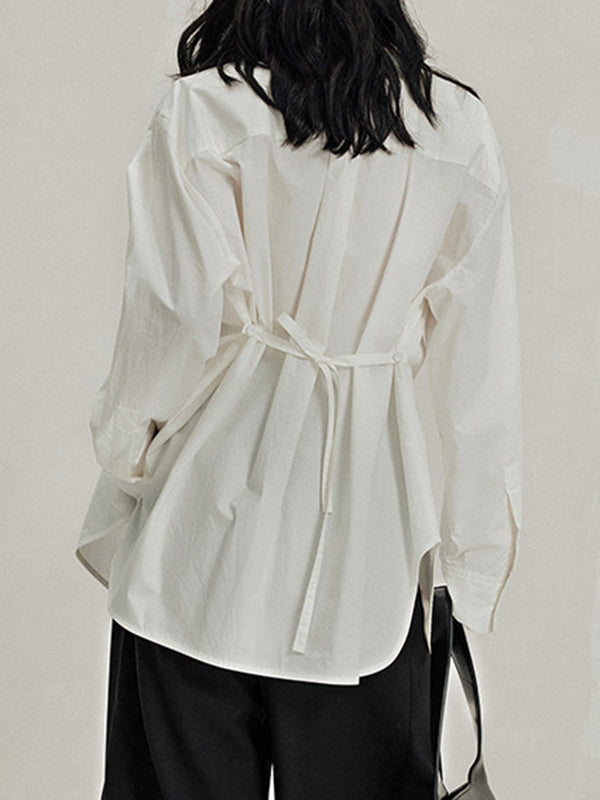 Buttoned Solid Color Tied Long Sleeves Loose Round-Neck Blouses&Shirts Tops