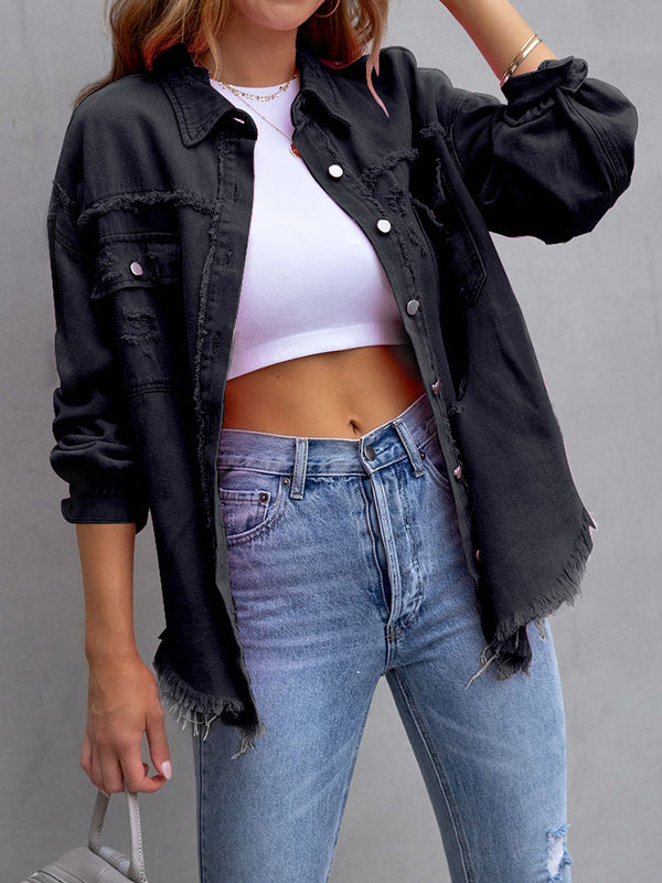 Fringed Pockets Long Sleeves Loose Lapel Outerwear