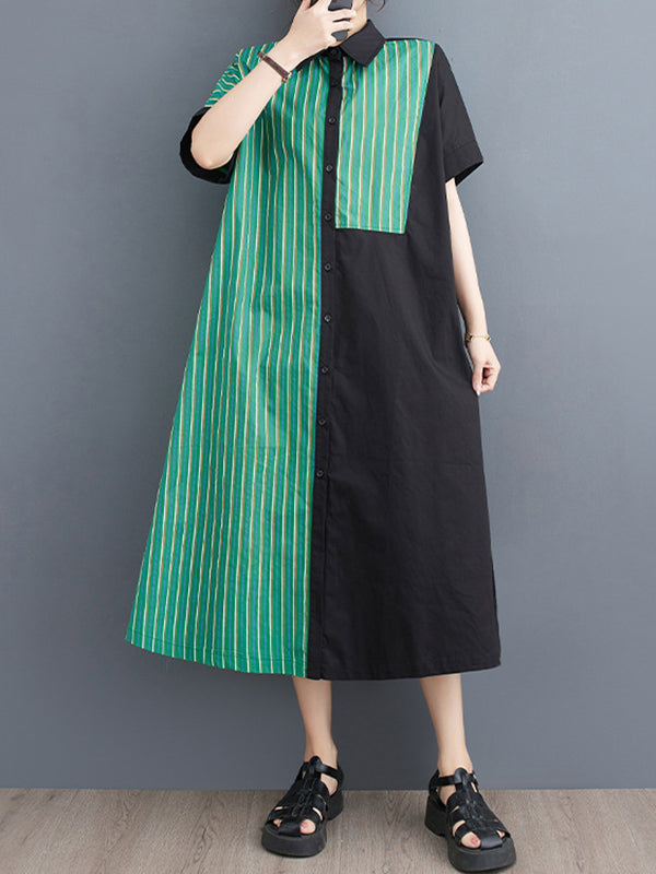 Asymmetric Split-Joint Striped Loose Short Sleeves Lapel Shirt Dress Midi Dresses