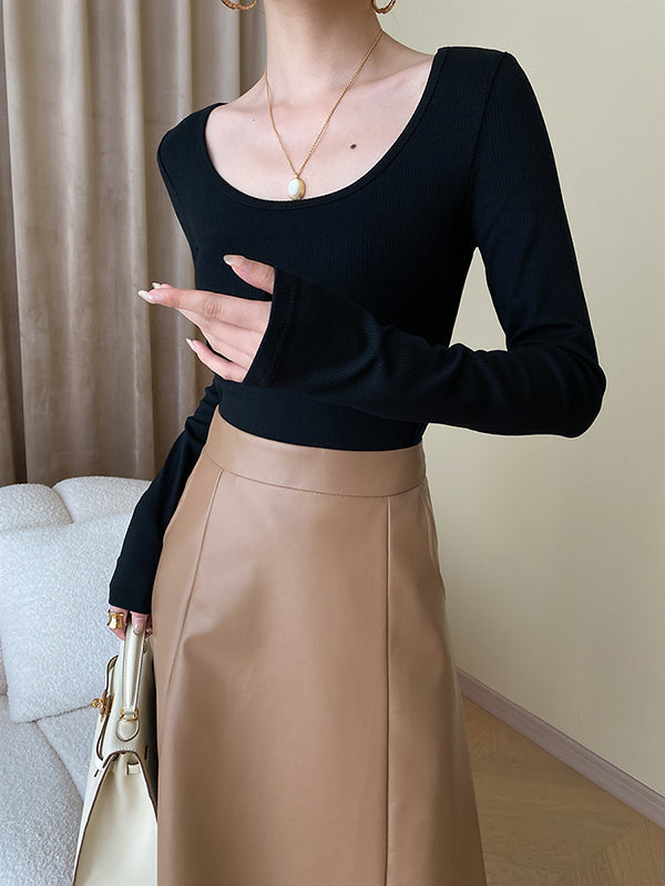 Solid Color Long Sleeves Skinny U-Neck T-Shirts Tops