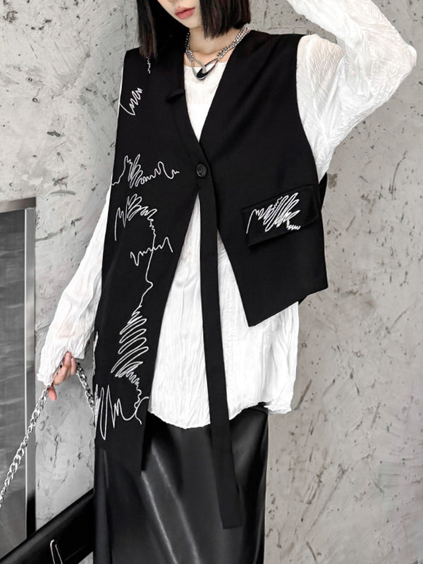 Asymmetric Buttoned Embroidered Sleeveless V-Neck Vest Top