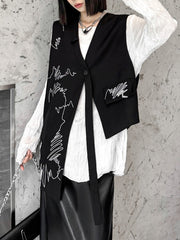Asymmetric Buttoned Embroidered Sleeveless V-Neck Vest Top