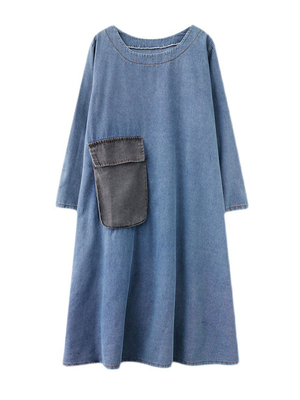 Artistic Retro Loose Denim Applique Round-Neck Long Sleeves Midi Dress