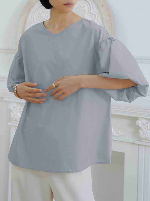 Solid Color Half Sleeves Loose V-Neck Blouses&Shirts Tops