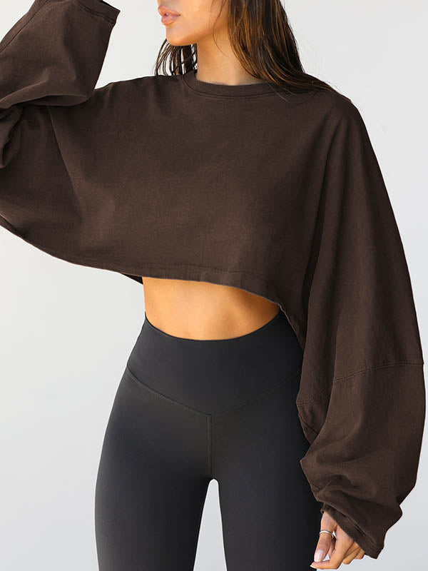 Solid Color Split-Joint Long Sleeves Loose Round-Neck Sweatshirt Tops