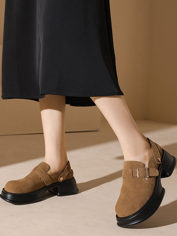 Belt Buckle Round-Toe Shallow Cut Split-Joint Platform Shoes Mary Janes