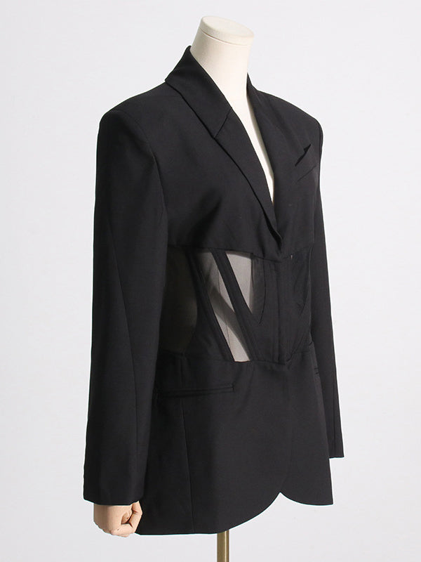 Buckle Gauze See-Through Solid Color Split-Joint Long Sleeves Notched Collar Blazer