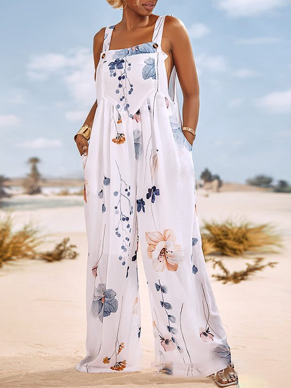 Buttoned Flower Print Pleated Pockets Split-Joint Loose Sleeveless Square-Neck Jumpsuits