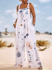 Buttoned Flower Print Pleated Pockets Split-Joint Loose Sleeveless Square-Neck Jumpsuits