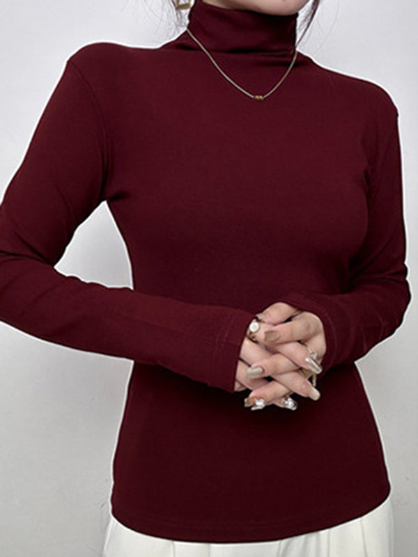 Solid Color Long Sleeves Skinny High Neck T-Shirts Tops