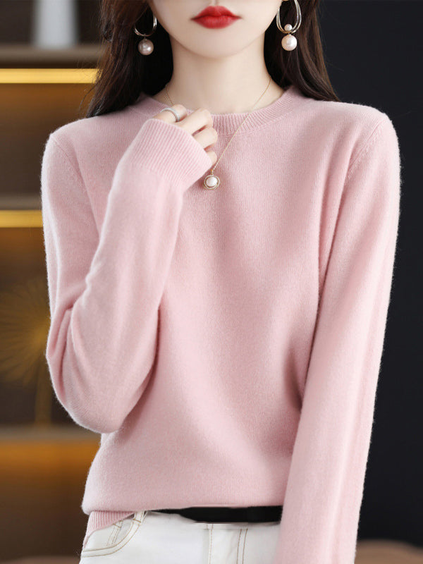 Casual Long Sleeves Loose Solid Color Round-Neck Sweater Tops