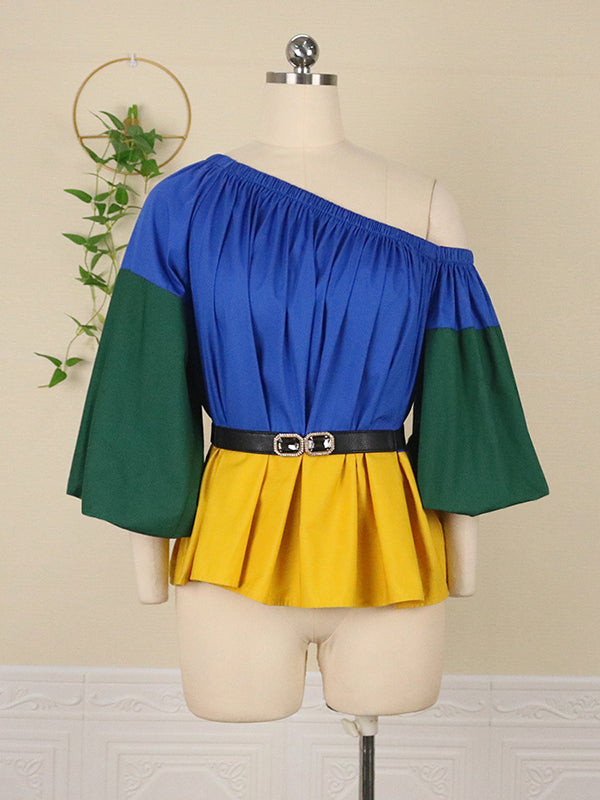 Belted Color-Block Falbala Loose One-Shoulder Shirts Tops