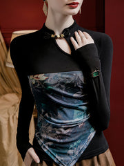 Hollow Pleated Printed Split-Joint Long Sleeves Plus Size Stand Collar T-Shirts Tops