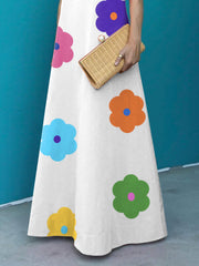 Loose Short Sleeves Floral Printed High-Neck Maxi Dresses