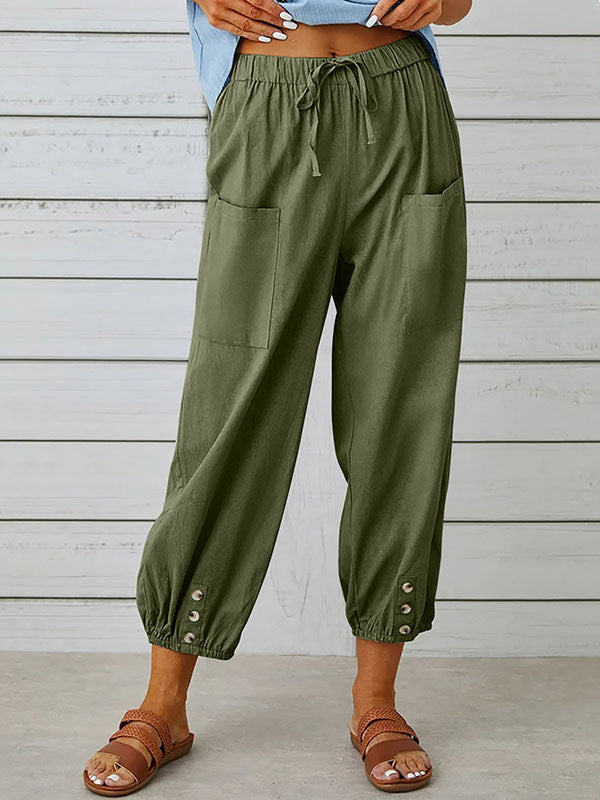 Buttoned Drawstring Elasticity Pockets Split-Joint High Waisted Loose Trousers Ninth Pants