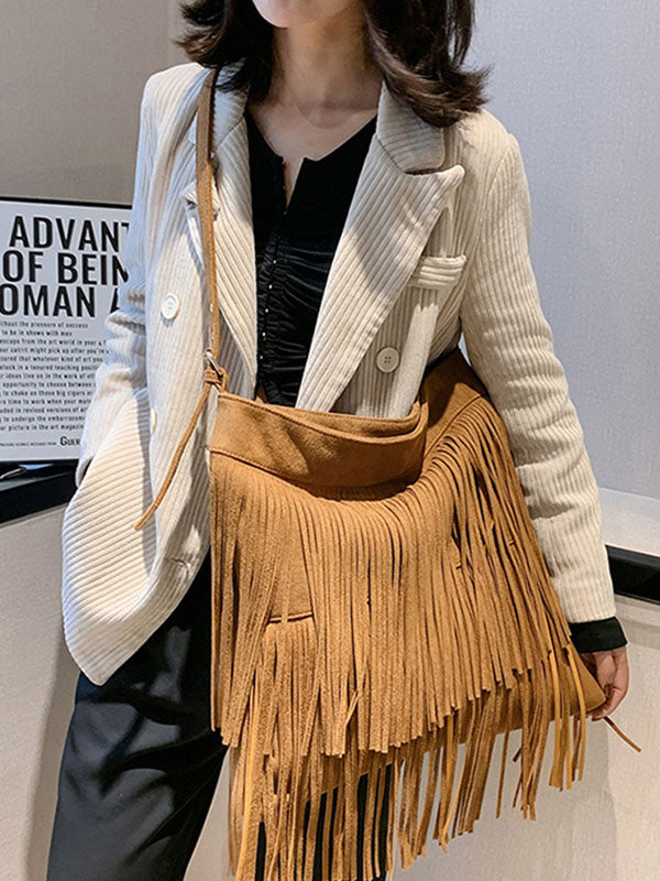 Hollow Solid Color Tasseled Zipper Handbags Crossbody Bags