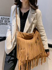 Hollow Solid Color Tasseled Zipper Handbags Crossbody Bags
