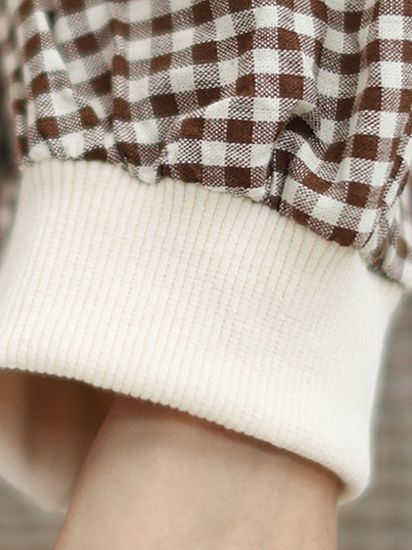 Puff Sleeves Irregularity Plaid Split-Joint Round-Neck T-Shirts Tops