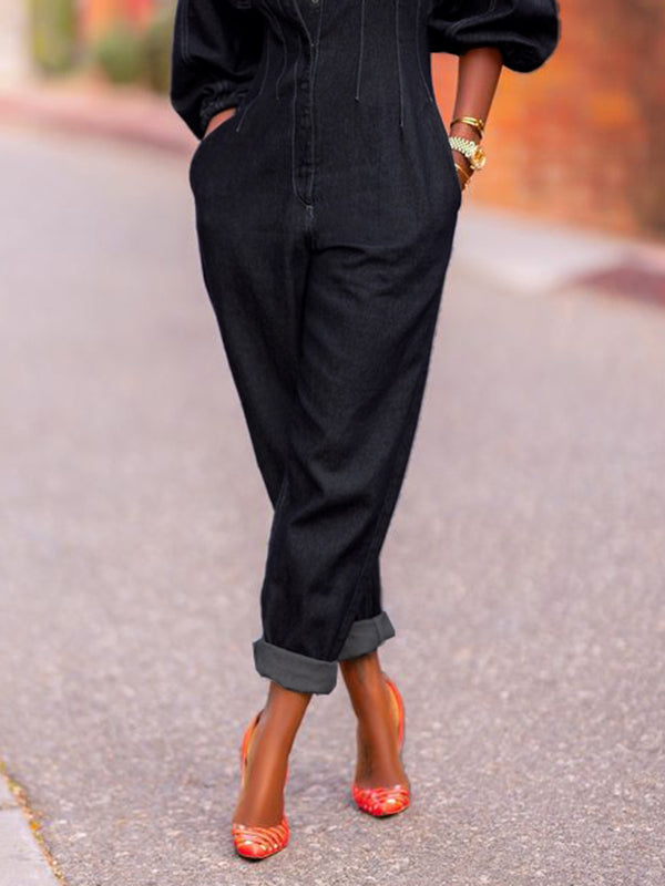 Split-Joint Puff Sleeves Round-Neck Jumpsuits