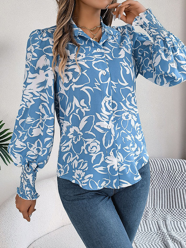Buttoned Contrast Color Elasticity Flower Print Long Sleeves Loose Lapel Blouses&shirts Tops