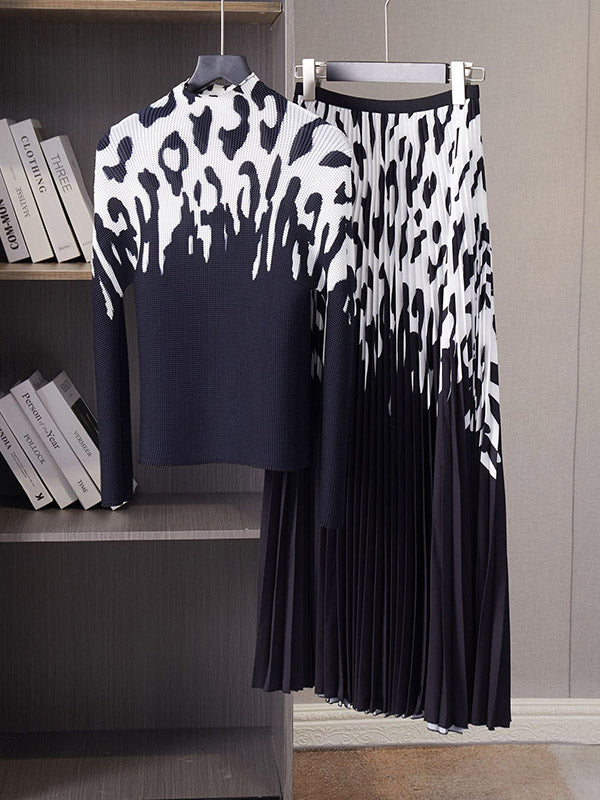 Printed Long Sleeves Mock Neck T-Shirt Top + Pleated A-Line Skirts Bottom Two Pieces Set