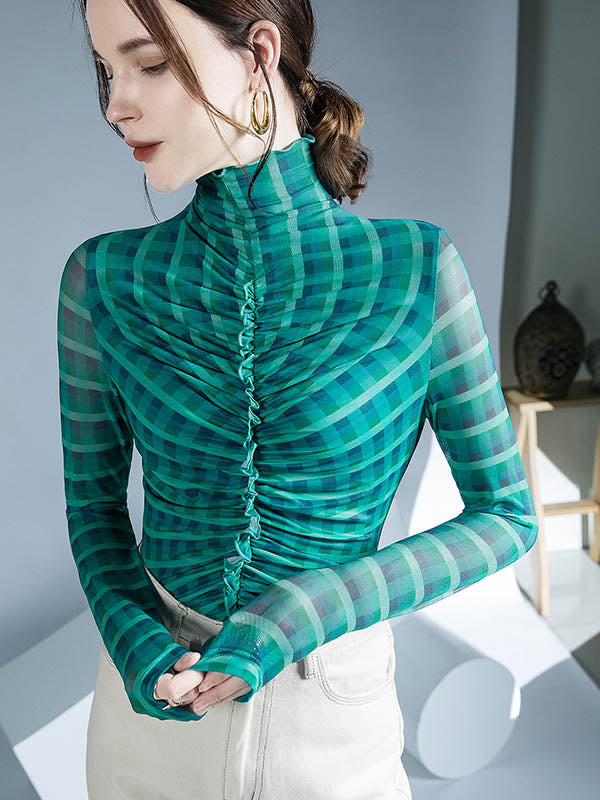 Contrast Color Plaid Pleated Split-Joint Long Sleeves Skinny High-Neck Blouses&Shirts Tops