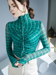Contrast Color Plaid Pleated Split-Joint Long Sleeves Skinny High-Neck Blouses&Shirts Tops