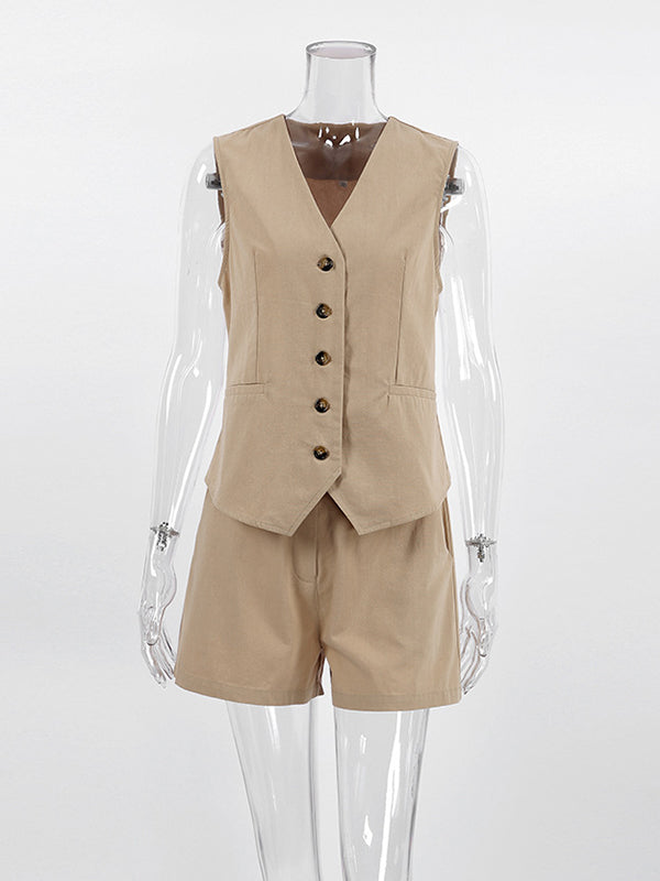 Sleeveless Buttoned Loose Pockets V-Neck Vest Top + Shorts Bottom Two Pieces Set
