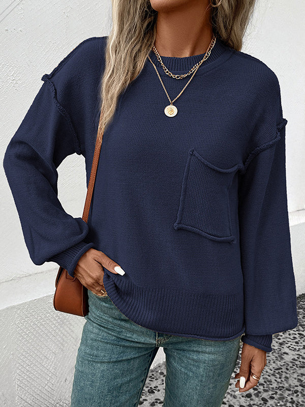 Pockets Solid Color Split-Joint Long Sleeves Loose Round-Neck Sweater Tops Pullovers