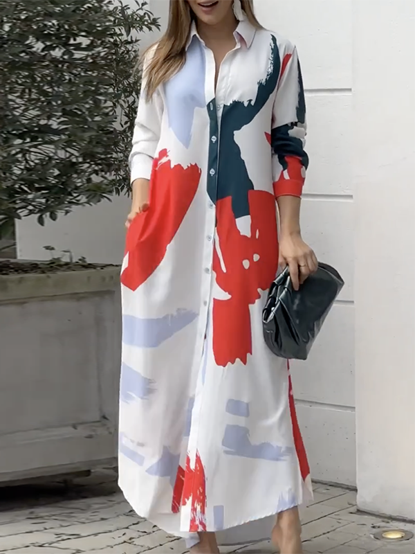 Printed Long Sleeves Loose Lapel Collar Maxi Dresses