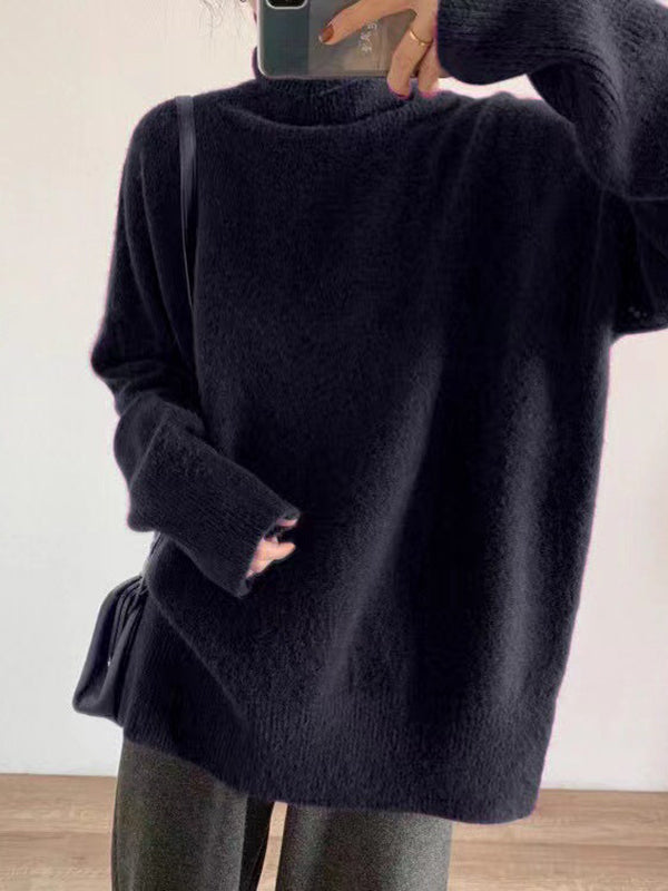 Solid Color Split-Joint Split-Side Long Sleeves Loose High Neck Sweater