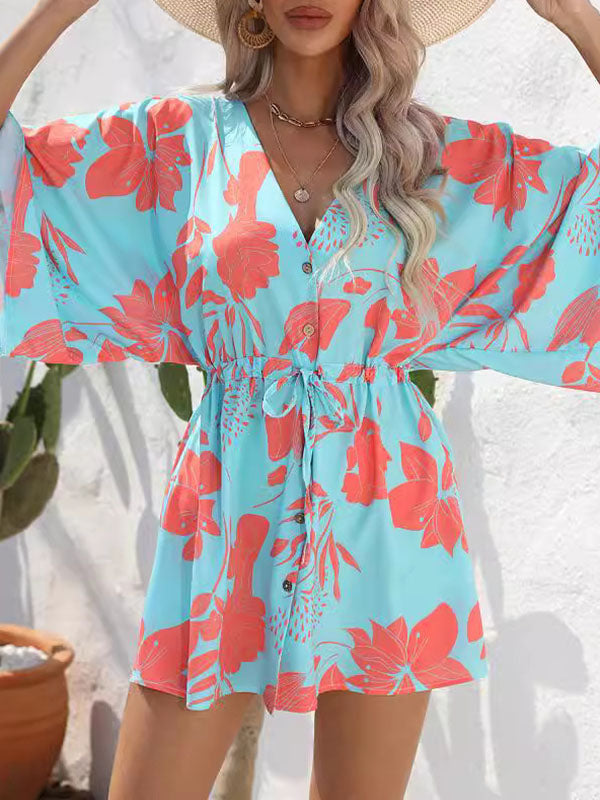 Buttoned Drawstring Flower Print A-Line Half Sleeves V-Neck Mini Dresses