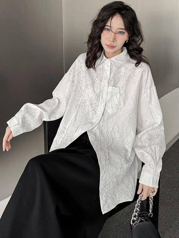 Abstract Printed Asymmetric Buttoned Wrinkled Irregularity Long Sleeves Lapel Blouses&Shirts Tops