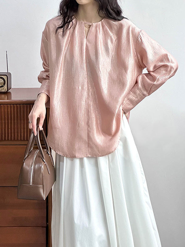 Hollow Shiny Solid Color Long Sleeves Loose Round-Neck Blouses&Shirts Tops