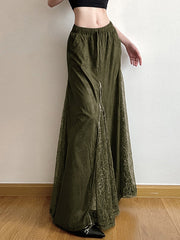 Drawstring Elasticity Gauze Split-Joint Zipper A-line High Waisted Skirts