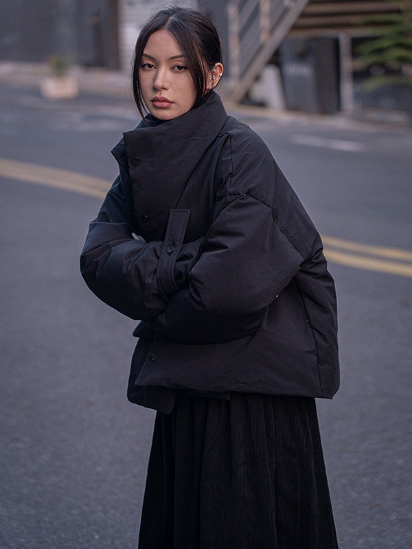 Urban Long Sleeves Buttoned Asymmetric Solid Color Stand Collar Padded Coat