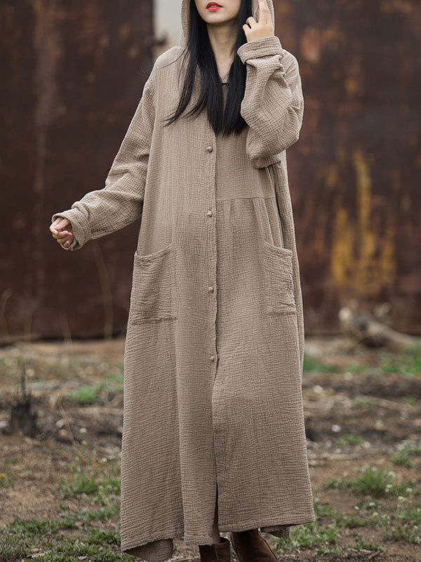 Solid Color Split-Joint Long Sleeves Loose Hooded Outerwear