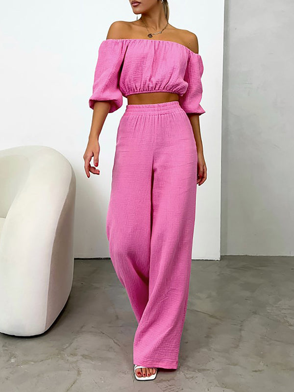 Solid Color Puff Sleeves Elasticity Off-The-Shoulder Vest Top + High Waisted Pants Bottom Two Pieces Set