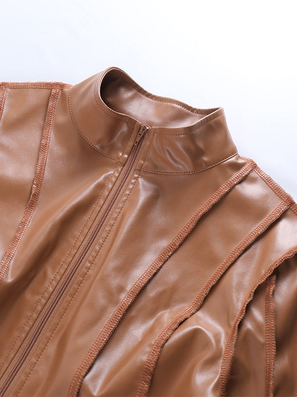 Solid Color Zipper Long Sleeves Stand Collar Outerwear