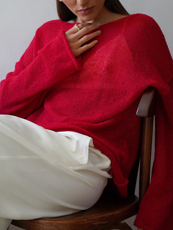 See-Through Solid Color Split-Joint Long Sleeves Loose Round-Neck Sweater Tops