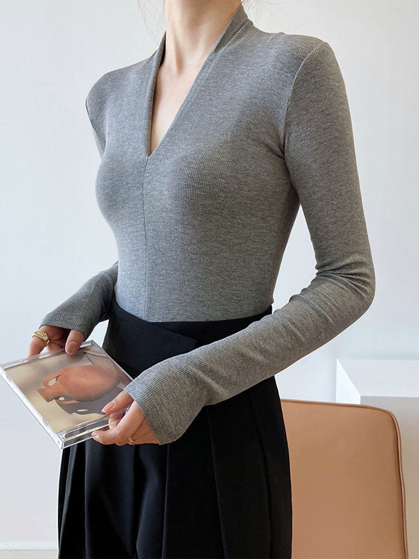 Solid Color Long Sleeves Skinny V-Neck T-Shirts Tops
