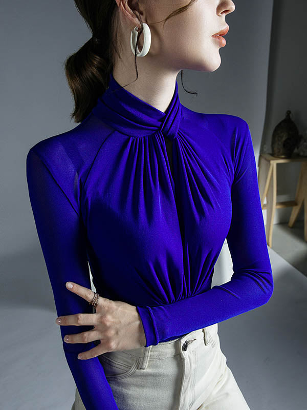 Hollow Mesh Pleated See-Through Solid Color Twist Long Sleeves Plus Size Half Turtleneck Blouses&Shirts Tops