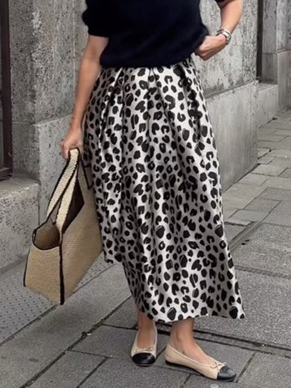 Leopard Pleated Split-Joint A-Line Loose Skirts Bottoms