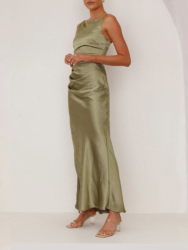 Pleated Solid Color Split-Joint Split-side Sleeveless Spaghetti-Neck Midi Dresses