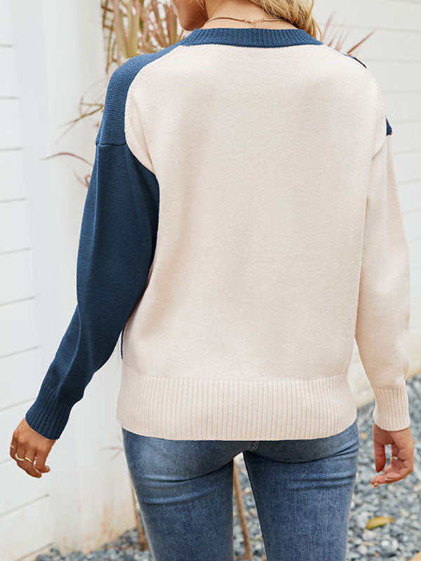 Contrast Color Striped Long Sleeves Round-Neck Sweater Tops Pullovers