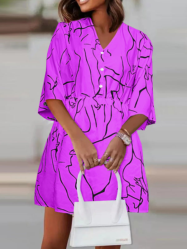 Buttoned Elasticity Pleated Printed Batwing Sleeves Half Sleeves V-Neck Mini Dresses
